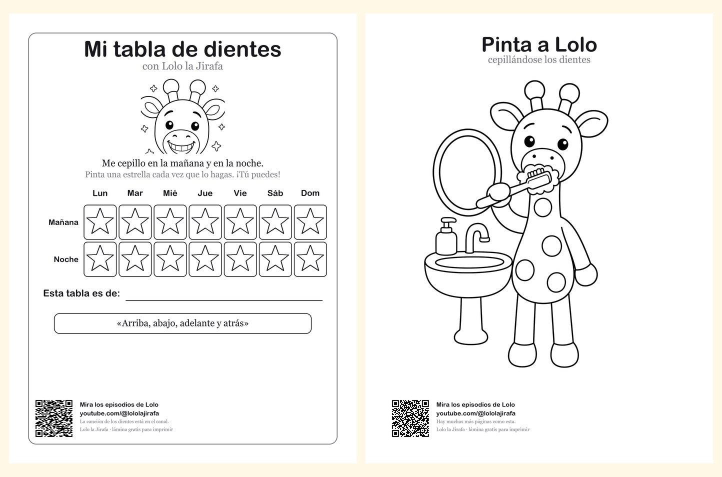 Las dos hojas: la tabla de dientes y la página para colorear
